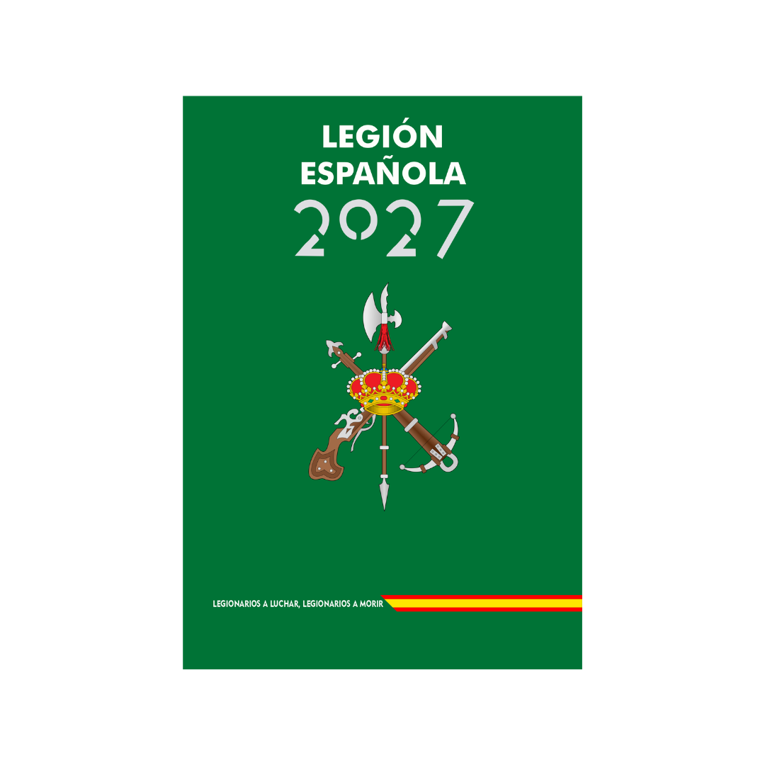 Agenda Legión Española 2027 – portada verde con emblema a color y franja roja y amarilla