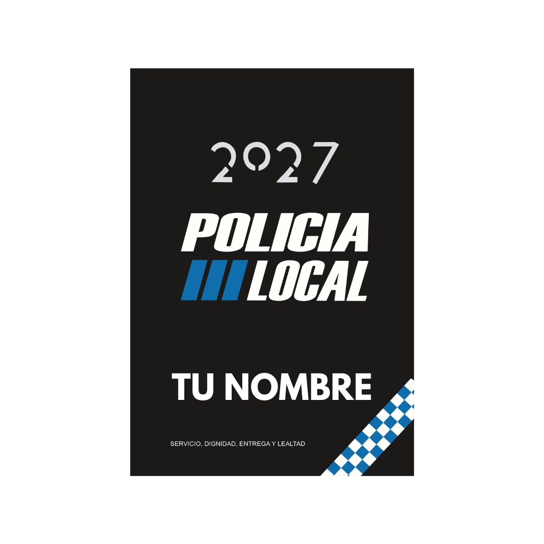 Agenda Negra Policía Local 2027 – portada negra con Tu nombre, franjas azules y cuadros blancos y azules